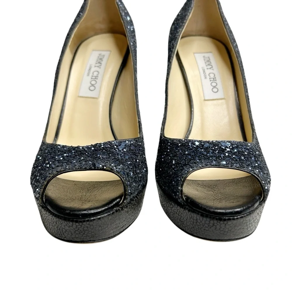 JIMMY CHOO Crown Coarse Glitter Peep Toe Stiletto Heels - Picture 4 of 12